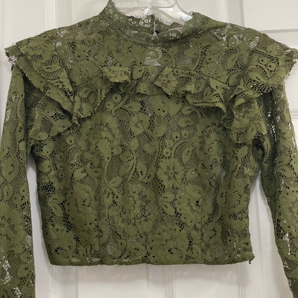 ASOS DESIGN lace crop ruffle sleeve top olive green breathable cropped sexy Sz 6 - Picture 3 of 7
